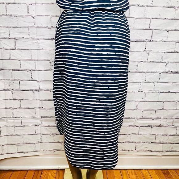 Banana Republic Womens Blue & Cream Striped Cap Sleeve Split Neck Blouson Dress - Picture 5 of 10